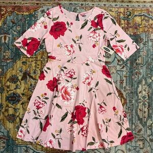 Old Navy pink red rose floral knit skater dress L 10-12